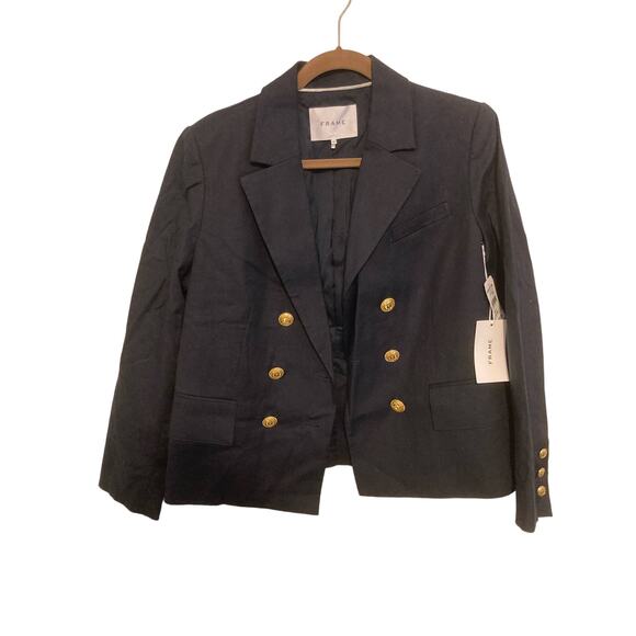 Frame Double Breasted Crop Blazer Jacket Sz 6 Navy NWT Linen Blend gold Nautical - Picture 4 of 12
